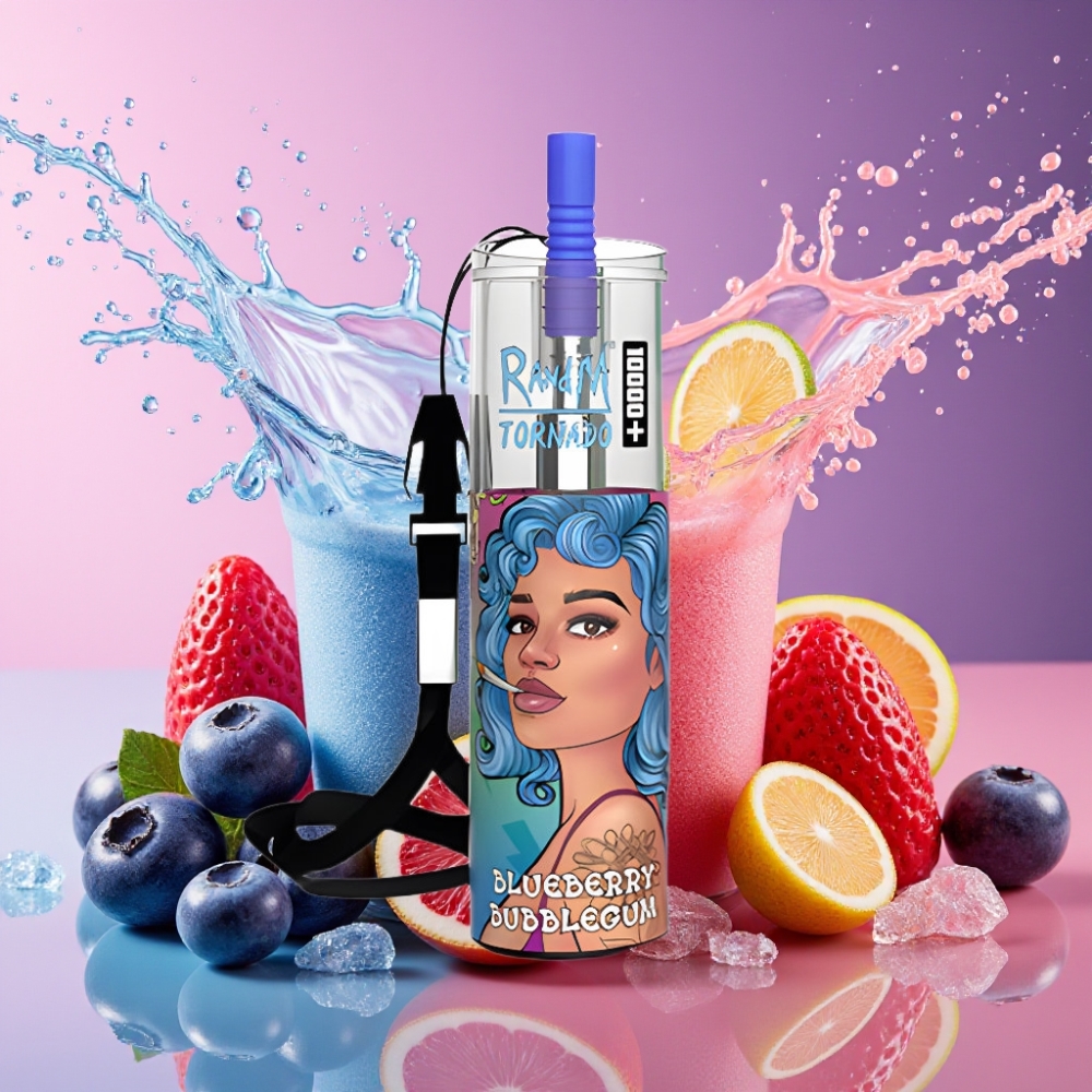 RandM Fumot Original Tornado 10000 Plus Engangs Vape Blåbær Bubblegum 20 ml 850 mAh Mesh Coil Type-C RGB 0%-5% Engros Danmark