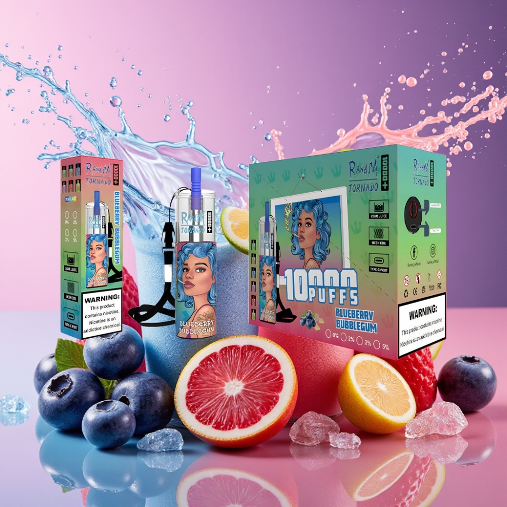 RandM Fumot Original Tornado 10000 Plus Engangs Vape Blåbær Bubblegum 20 ml 850 mAh Mesh Coil Type-C RGB 0%-5% Engros Danmark
