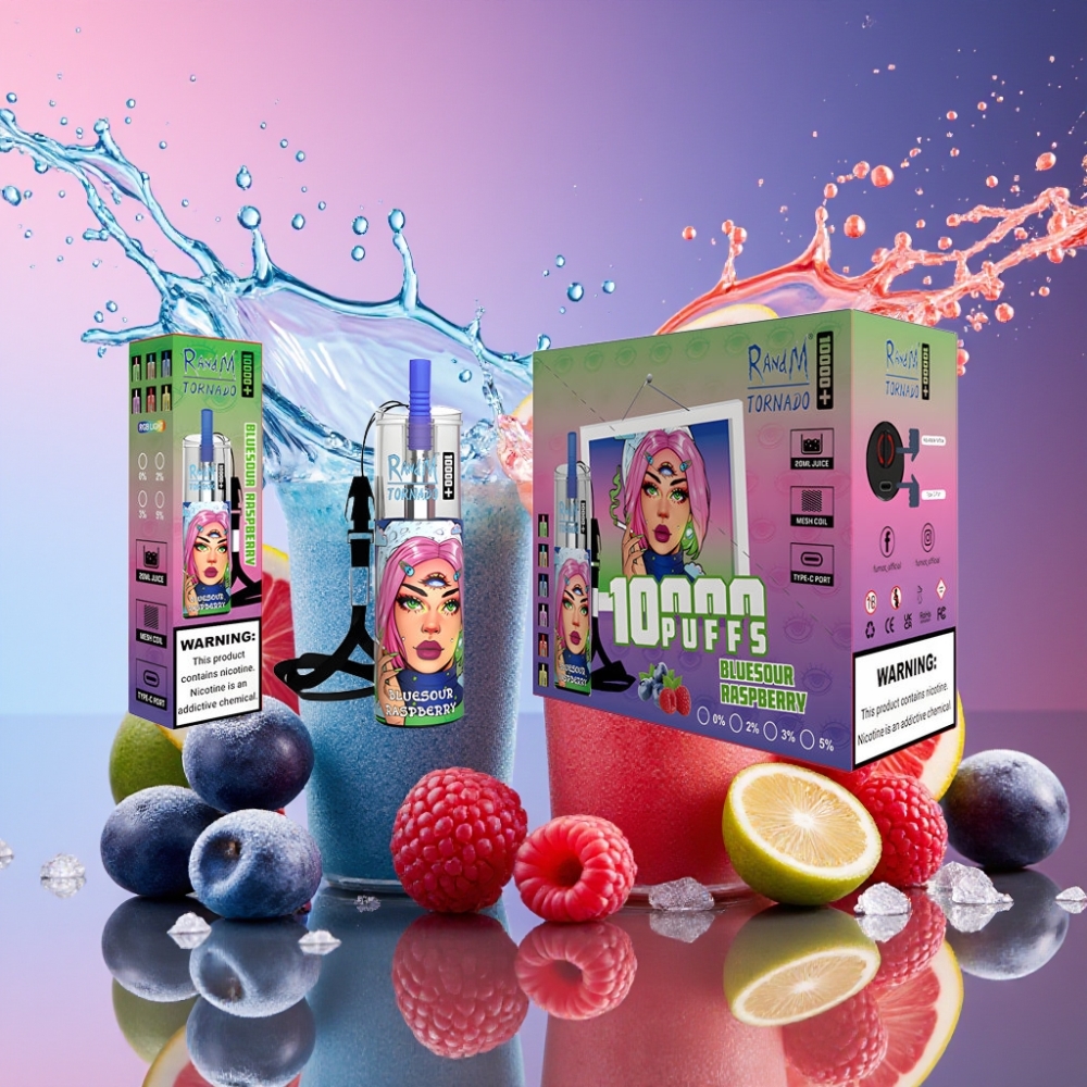 RandM Fumot Original Tornado 10000 Plus Engangs Vape Bluesour Hindbær 0%-5% Nikotin 20 ml Tank 850 mAh Mesh Coil Type-C Port RGB Lys Engros Danmark