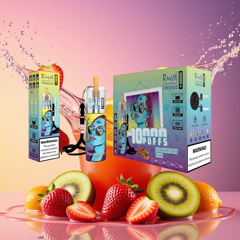 RandM Fumot Original Tornado 10000 Plus Engangs Vape Jordbær Kiwi 20 ml 850 mAh Mesh Coil Type-C RGB Lys 0%/2%/3%/5% Engros Danmark