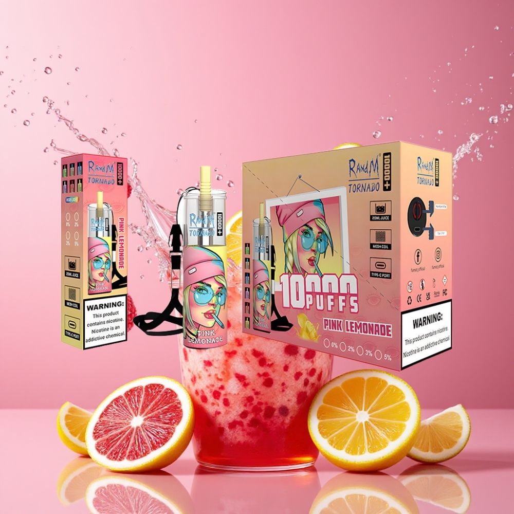 RandM Fumot Original Tornado 10000 Plus Engangs Vape Lyserød Lemonade 20 ml 850 mAh Mesh Coil Type-C RGB 0%/2%/3%/5% Engros Danmark