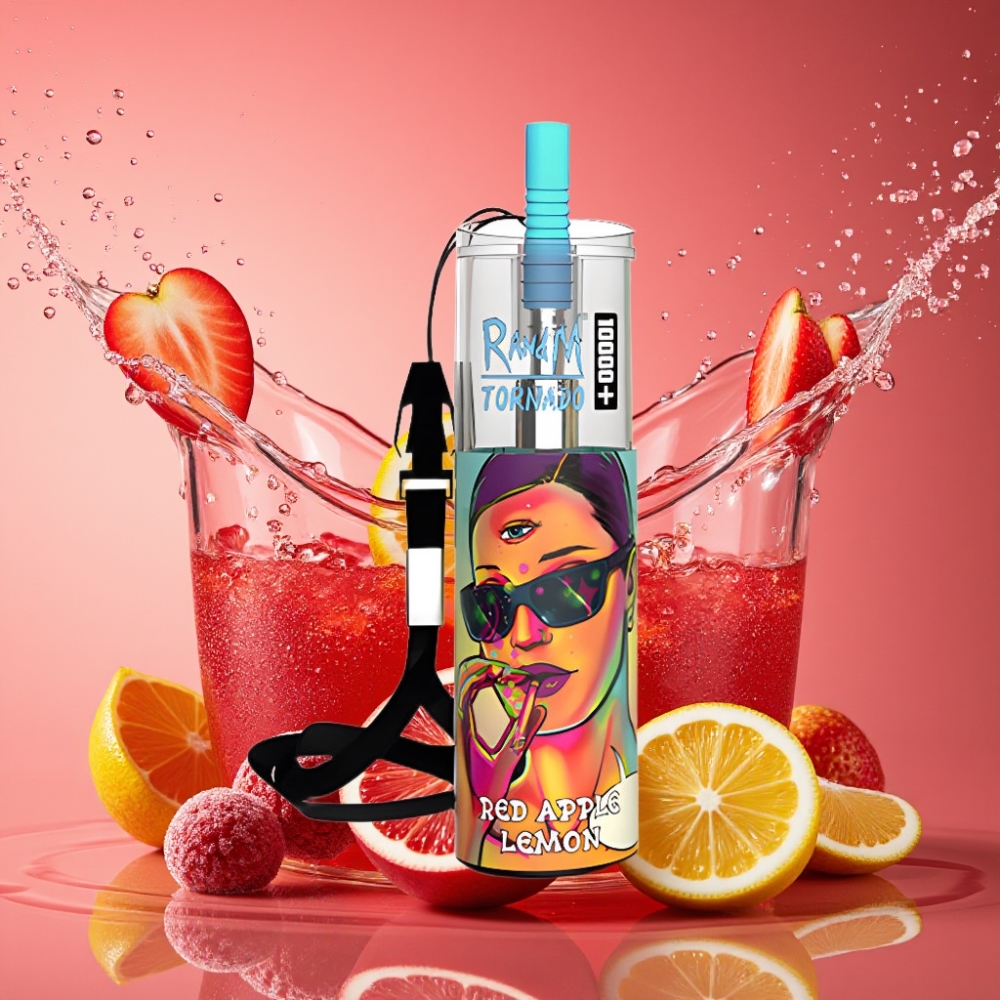 RandM Fumot Original Tornado 10000 Plus Engangs Vape Rød Æble Citron 20 ml 850 mAh Mesh Coil Type-C RGB 0-5% Engros Danmark