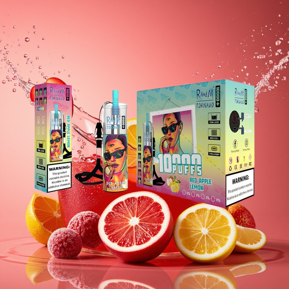 RandM Fumot Original Tornado 10000 Plus Engangs Vape Rød Æble Citron 20 ml 850 mAh Mesh Coil Type-C RGB 0-5% Engros Danmark