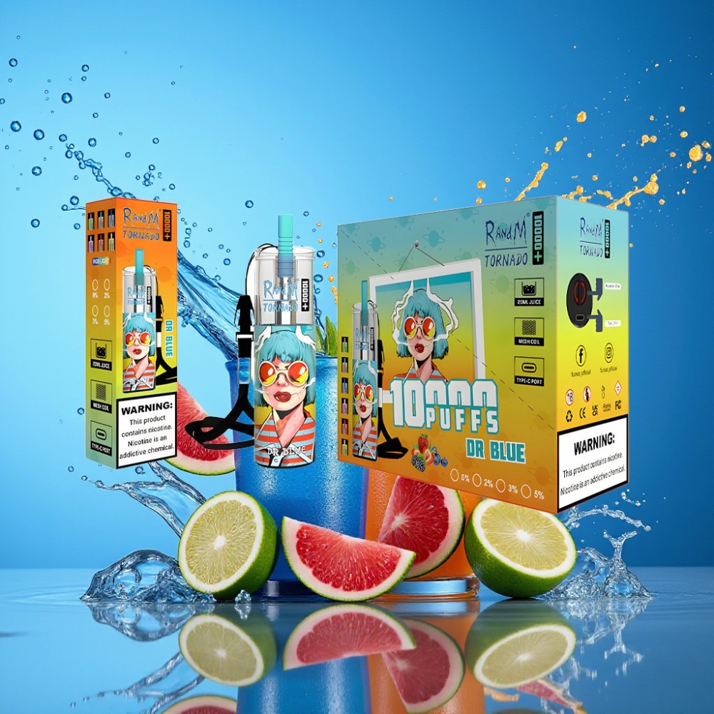 RandM Fumot Original Tornado 10000 Plus Fumot Disposable Vape Dr Blå 20 ml 850 mAh Mesh Coil Type-C RGB 0%/2%/3%/5% Engros Danmark