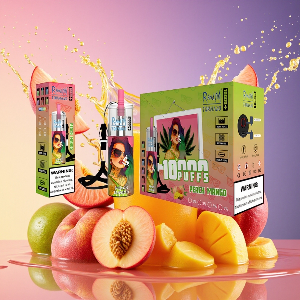 RandM Fumot Original Tornado 10000 Plus Puffs 20 ml 5% Mesh Coil Type-C RGB Peachy Mango Engros Danmark
