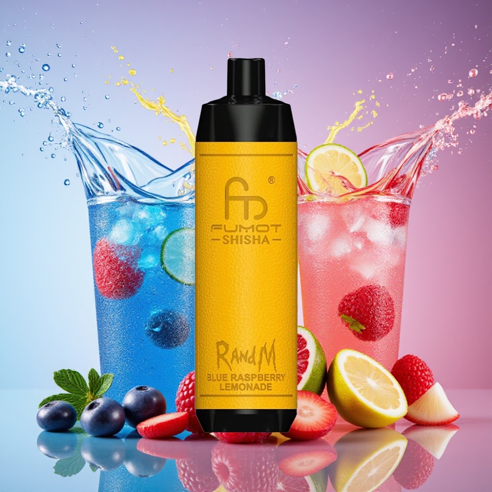RandM Fumot Shisha 10000 Puffs Bær Blå Citronade LED Indicator 18ml Prefilled e-liquid 850 mAh Battery 0.6ohm Mesh Coil Type-C Port 0.5% Nicotine Content Engros Danmark
