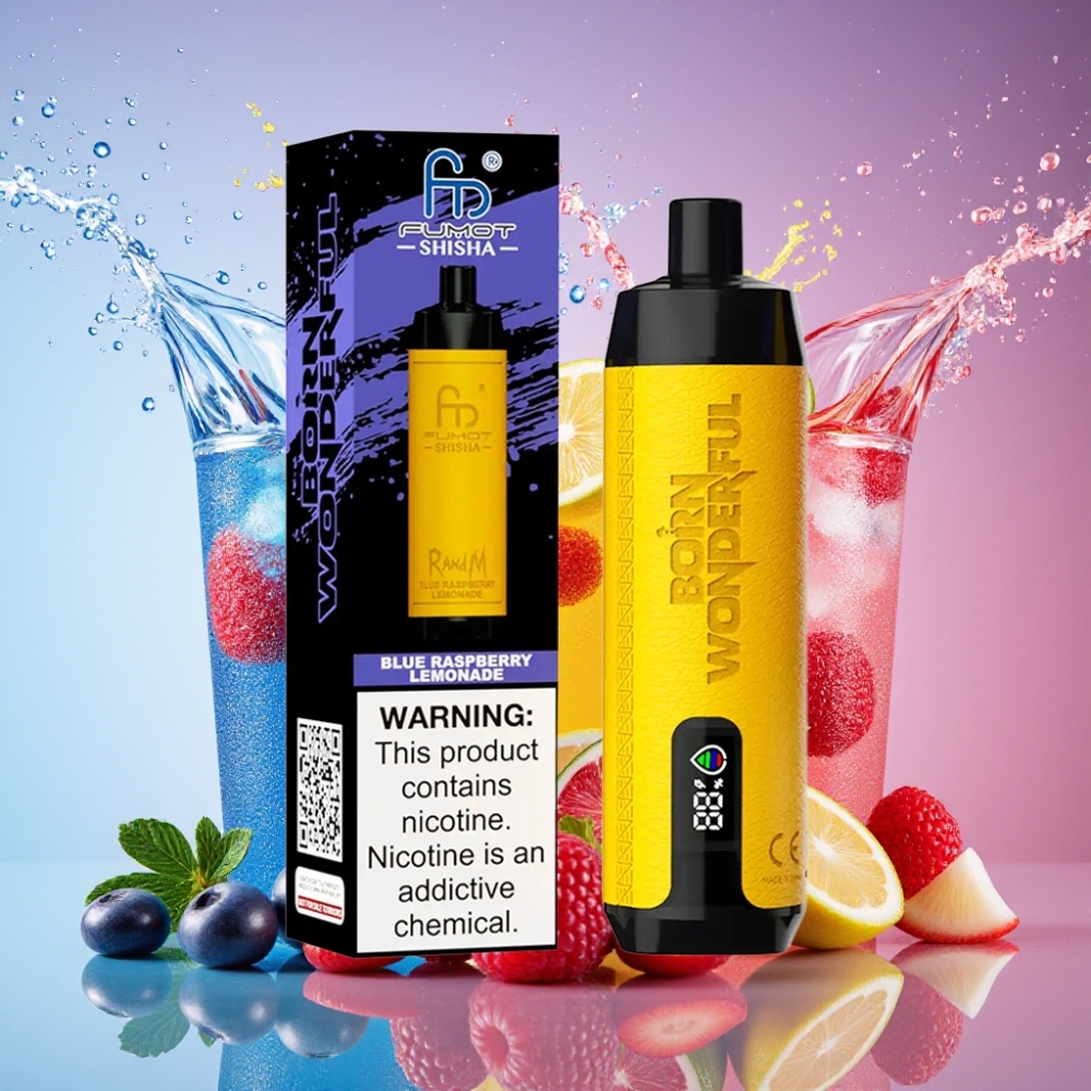 RandM Fumot Shisha 10000 Puffs Bær Blå Citronade LED Indicator 18ml Prefilled e-liquid 850 mAh Battery 0.6ohm Mesh Coil Type-C Port 0.5% Nicotine Content Engros Danmark