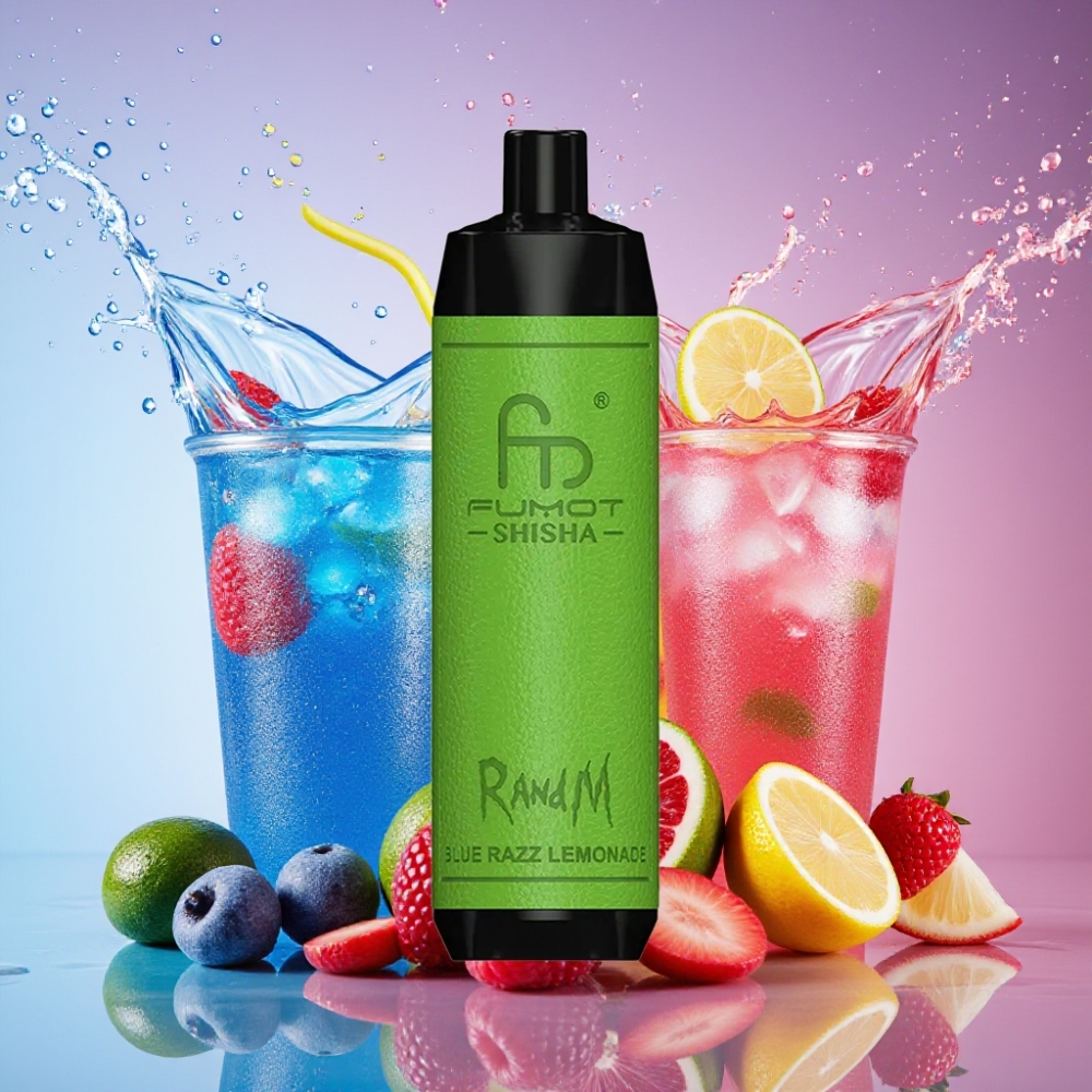 RandM Fumot Shisha 10000 Puffs Blå Hindbær Lemonade LED Indicator 18ml 850mAh 0.6ohm Type-C 0.5% Nicotine Engros Danmark