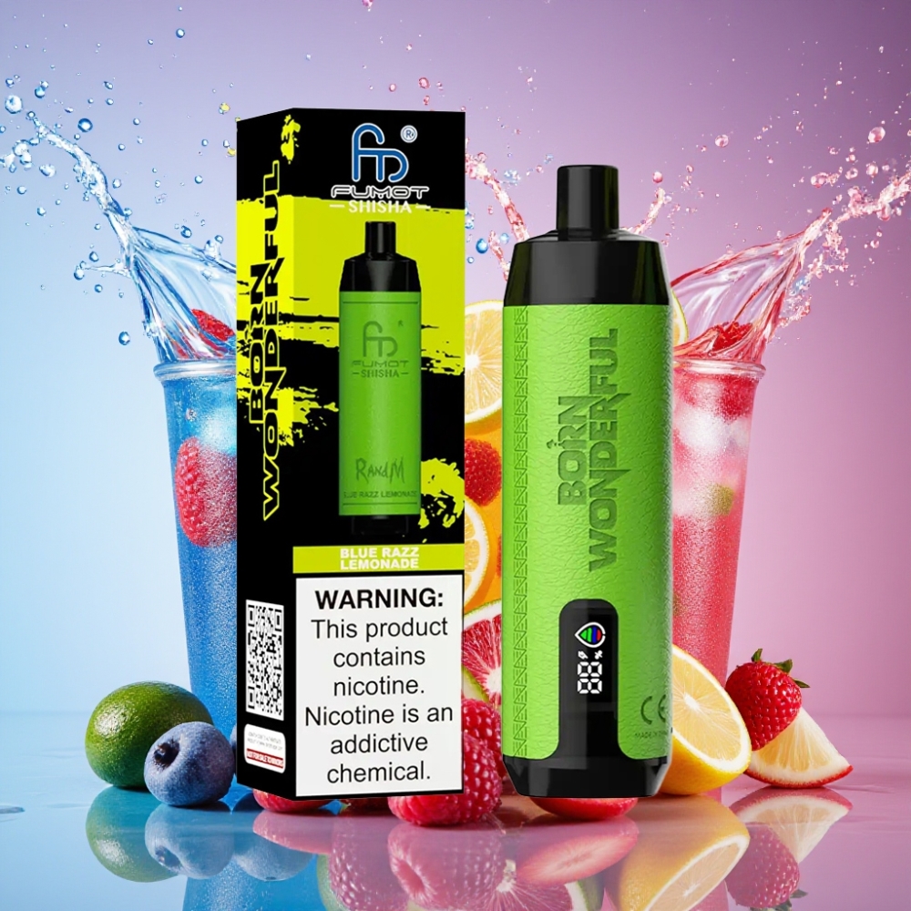 RandM Fumot Shisha 10000 Puffs Blå Hindbær Lemonade LED Indicator 18ml 850mAh 0.6ohm Type-C 0.5% Nicotine Engros Danmark
