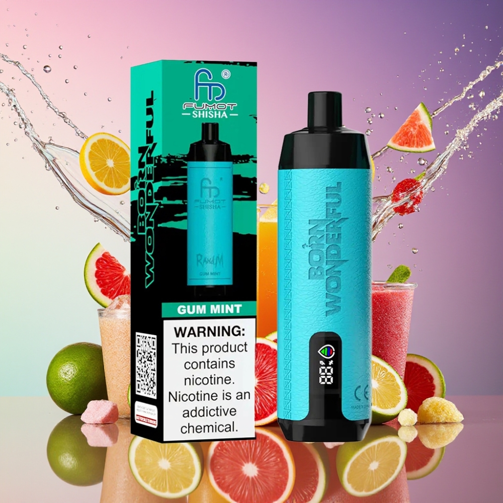 RandM Fumot Shisha 10000 Puffs Engangs Vape Tyggegummi-Mynte med LED-indikator, 18ml forfyldt e-væske, 850 mAh-batteri, 0,6ohm Mesh Coil, Type-C-port, 0,5% Nikotinindhold Engros Danmark