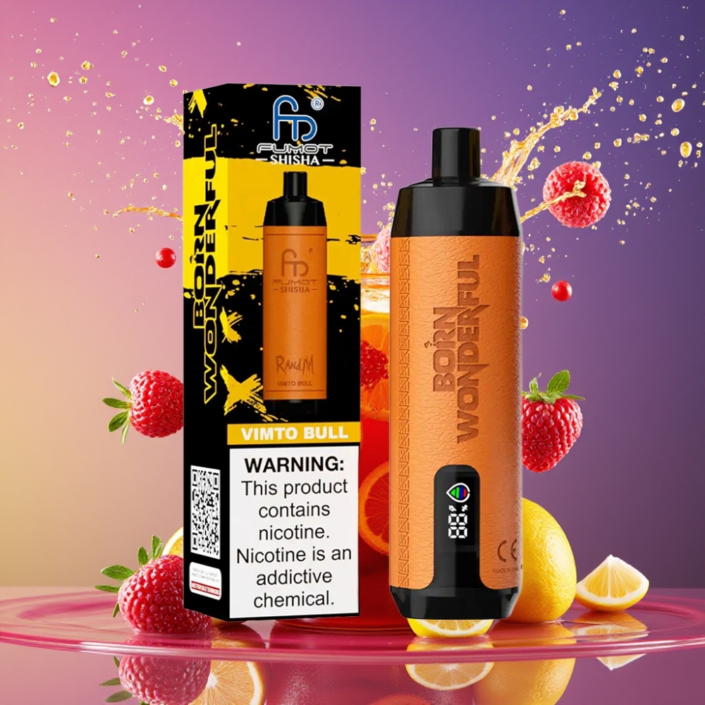 RandM Fumot Shisha 10000 Puffs LED Indikator 18ml 850 mAh 0.6ohm Mesh Coil Type-C 0.5% Nikotin Vimto Tyre Engros Danmark