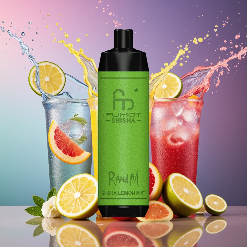 RandM Fumot Shisha 10000 Puffs LED Indikator 18ml Forfyldt E-væske 850 mAh Batteri 0.6ohm Mesh Coil Type-C Port 0.5% Nikotinindhold Citron Mynte Engros Danmark