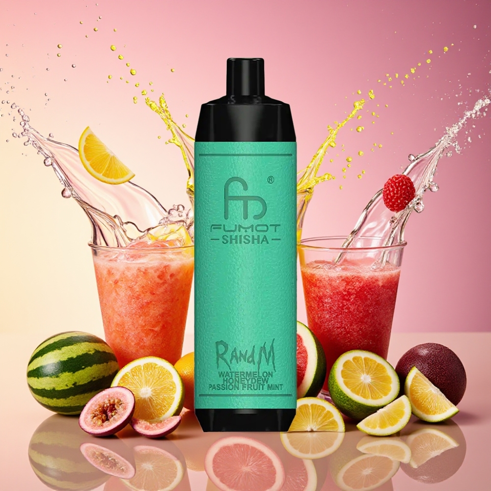 RandM Fumot Shisha 10000 Puffs Vandmelon Honningmelon Passionsfrugt Mynte LED Indicator 18ml Prefilled 850 mAh 0.6ohm Mesh Coil Type-C 0.5% Nicotin Engros Danmark