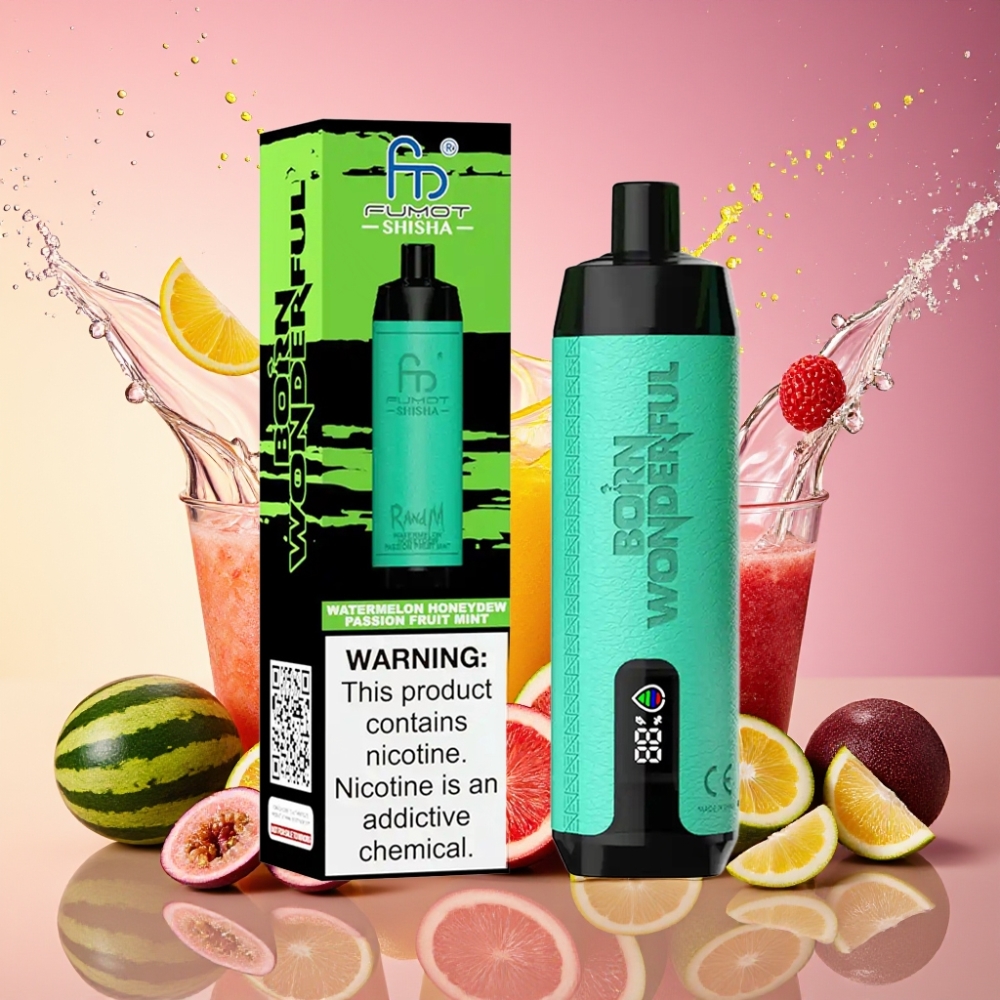 RandM Fumot Shisha 10000 Puffs Vandmelon Honningmelon Passionsfrugt Mynte LED Indicator 18ml Prefilled 850 mAh 0.6ohm Mesh Coil Type-C 0.5% Nicotin Engros Danmark