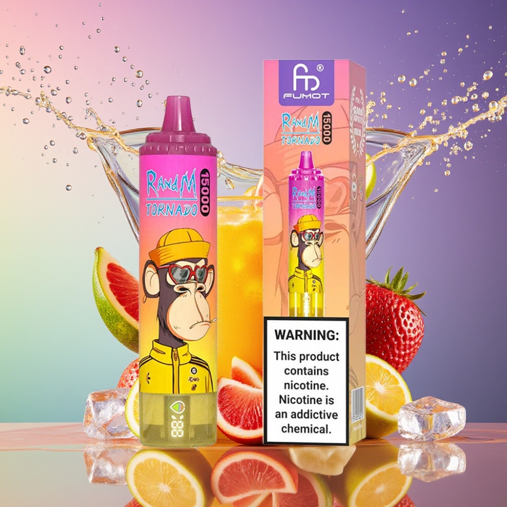 RandM Fumot Tornado 15000 Puffs Bananis Is 25ml 850mAh 0.9 Ohm Mesh LCD Type-C Engros Danmark