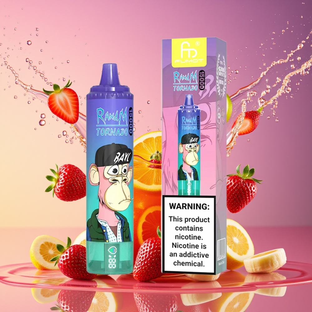 RandM Fumot Tornado 15000 Puffs Jordbær Banan 25ml 850mAh 0.9 Ohm Mesh LCD Type-C Engros Danmark