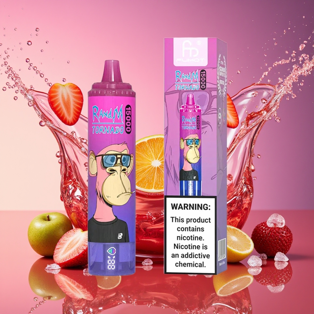 RandM Fumot Tornado 15000 Puffs Jordbær Drue 25ml 850mAh 0.9 Ohm Mesh Type-C LCD Engros Danmark