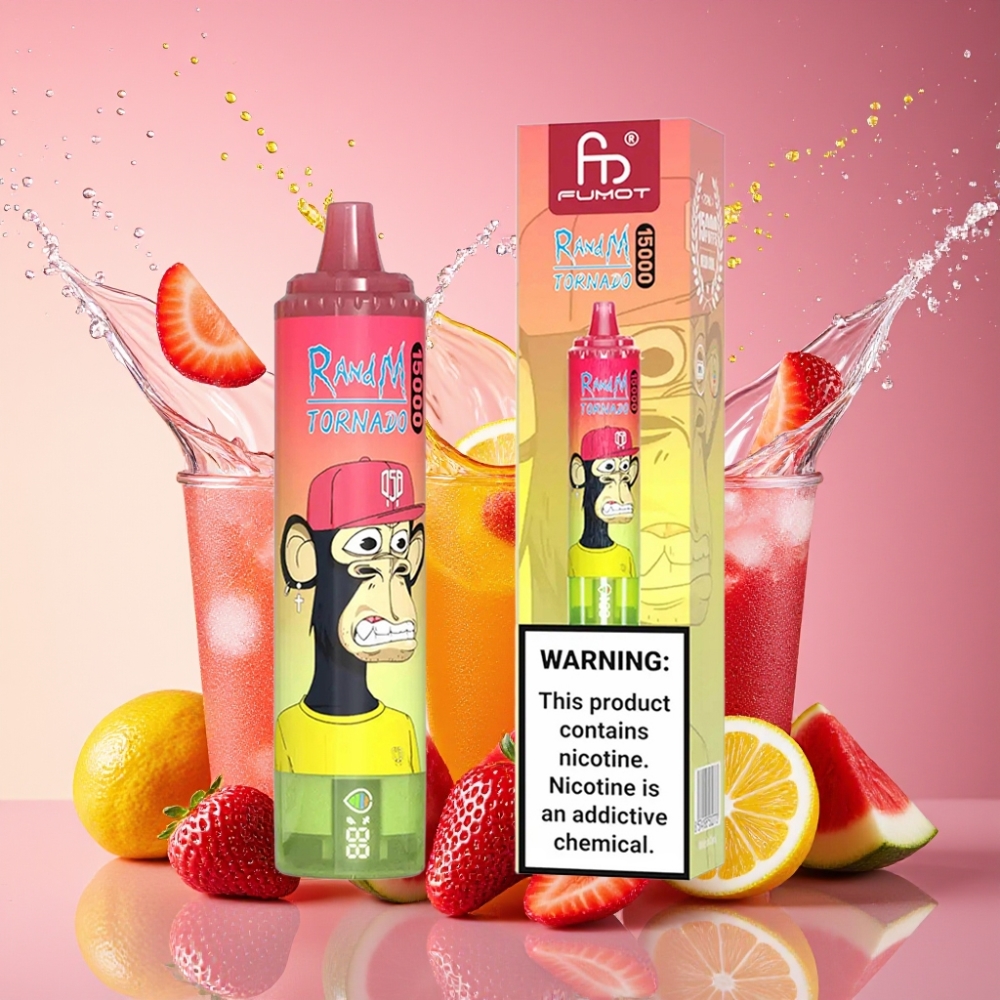RandM Fumot Tornado 15000 Puffs Jordbær Vandmelon Lemonade 25ml 850mAh 0.9Ω Mesh LCD Type-C Engros Danmark