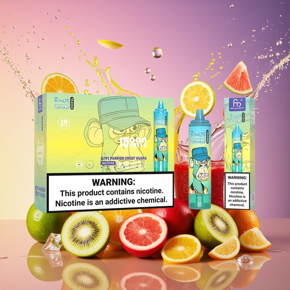 RandM Fumot Tornado 15000 Puffs Kiwi Passionfrugt Guava 25ml 850mAh Mesh Type-C LCD Engros Danmark