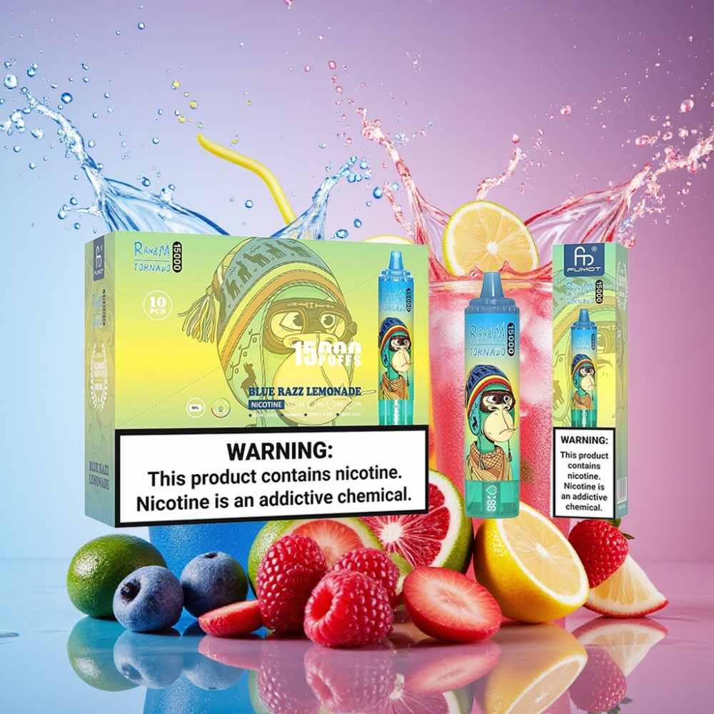 RandM Fumot Tornado 15000 Pust Blå Hindbær Lemonade 25ml 850mAh Engros Danmark