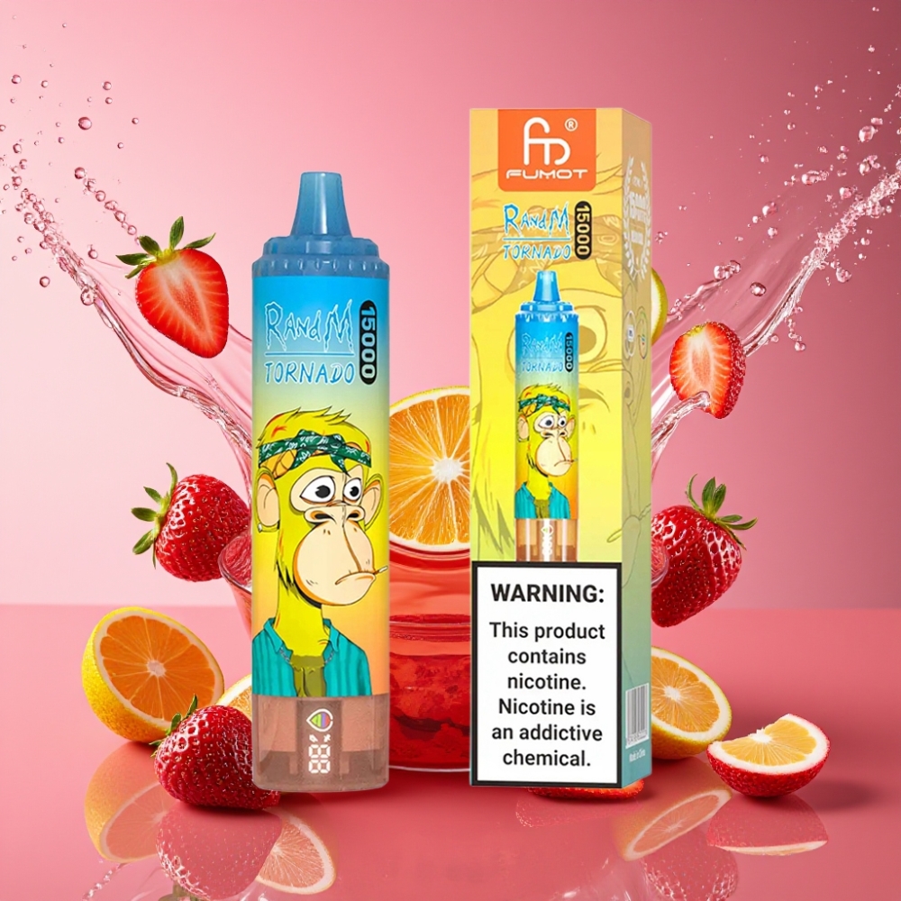 RandM Fumot Tornado 15000 Pust Jordbær 25ml 850mAh 0.9 Ohm Mesh Type-C LCD Engros Danmark