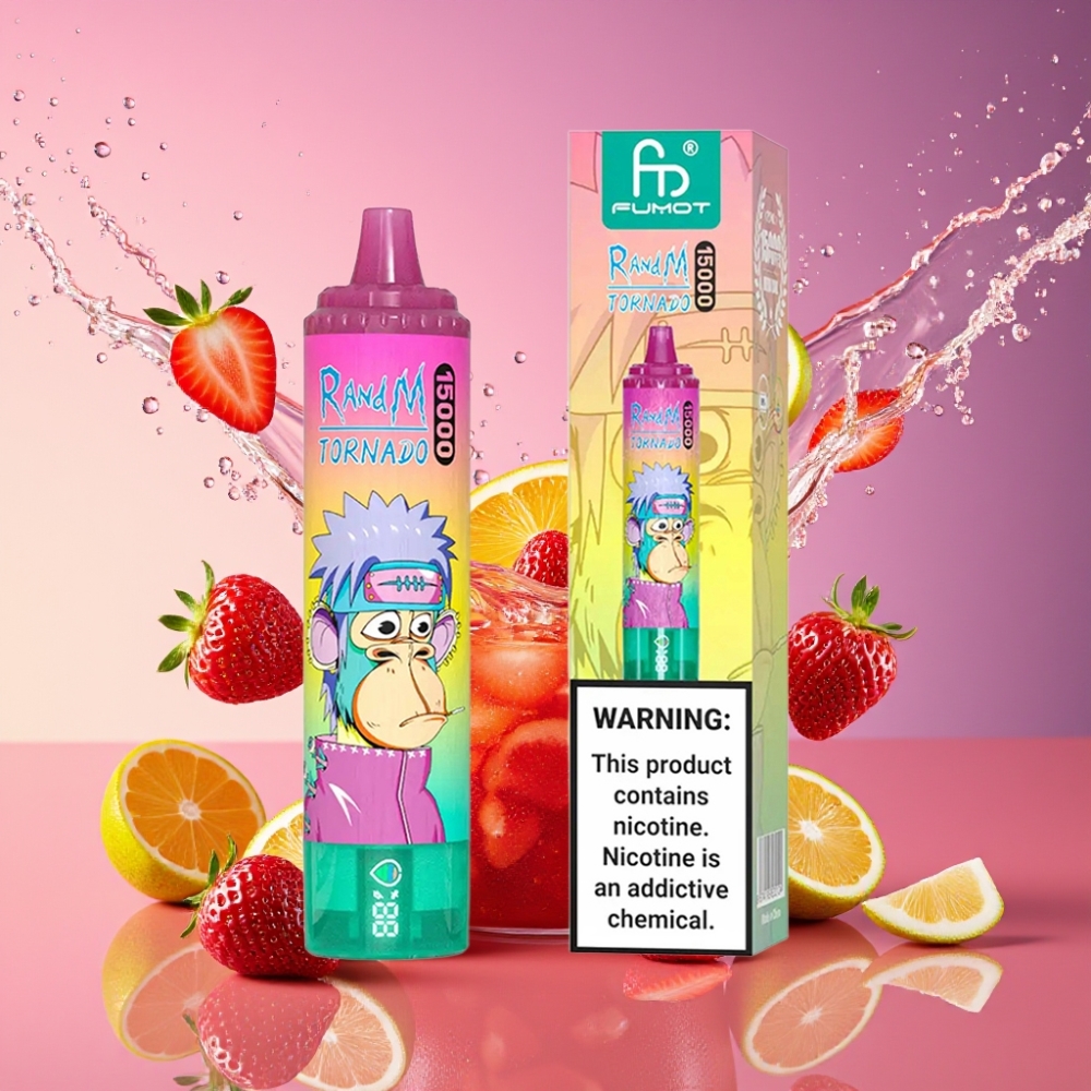 RandM Fumot Tornado 15000 Pust Jordbær Is 25ml 850mAh 0.9 Ohm Mesh LCD Type-C Engros Danmark