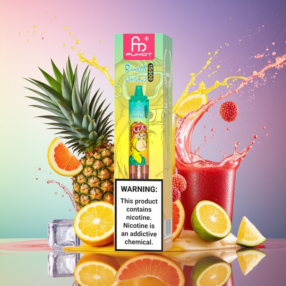 RandM Fumot Tornado 15000 Puste 25ml 850mAh 0.9 Ohm Mesh LCD Type-C Ananas Is Engros Danmark
