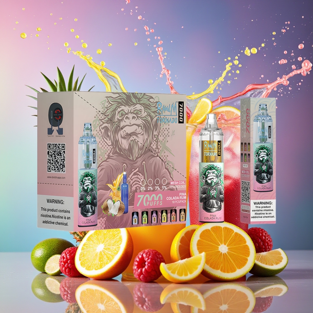 RandM Fumot Tornado 7000 Pust 14ML Mesh Coil Type-C RGB Luftjusterbar Pina Colada Rom Engros Danmark