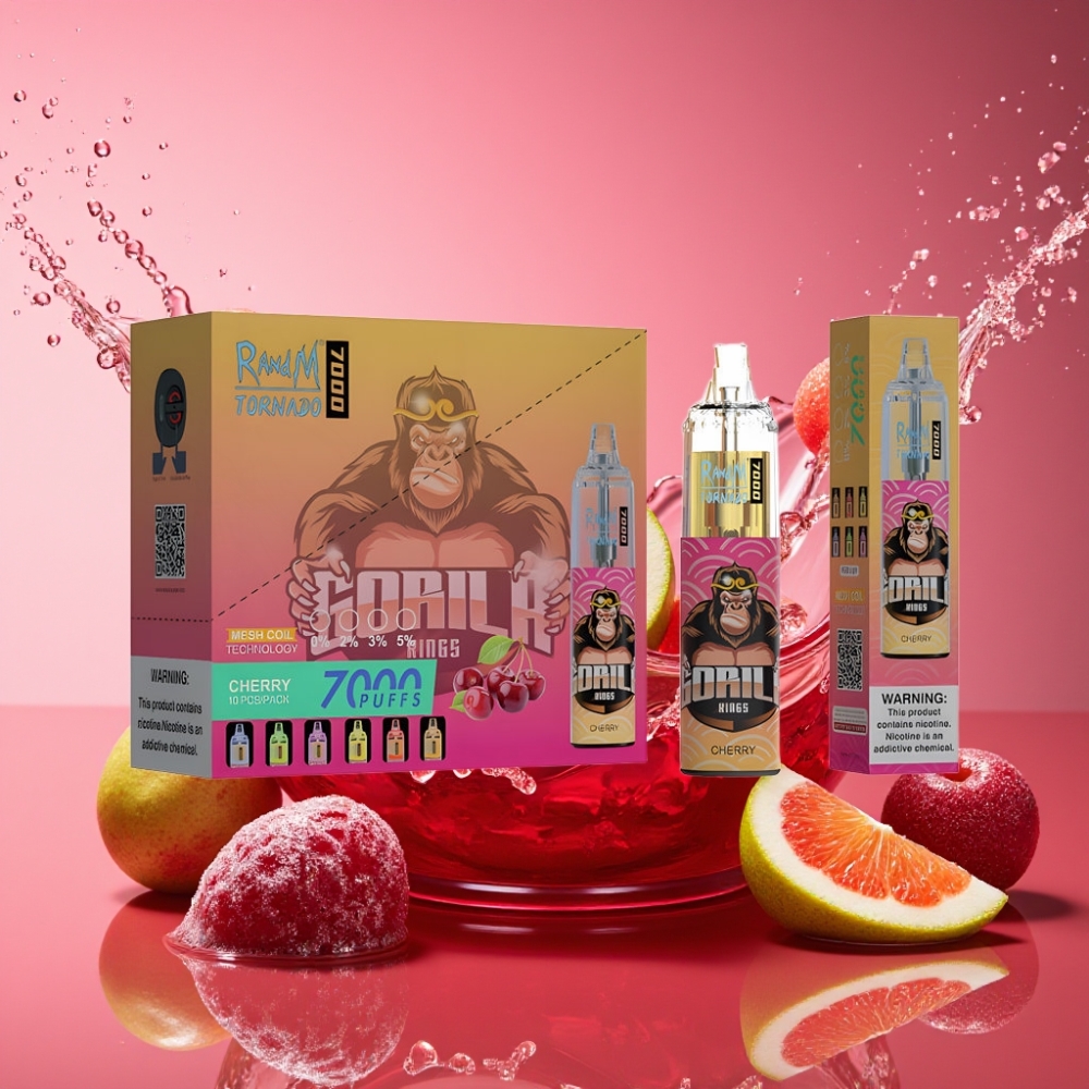 RandM Fumot Tornado 7000 Pust 14 ML Mesh Coil Type-C RGB Luftjusterbar Kirsebær 0%,2%,3%,5% Nikotin Engros Danmark