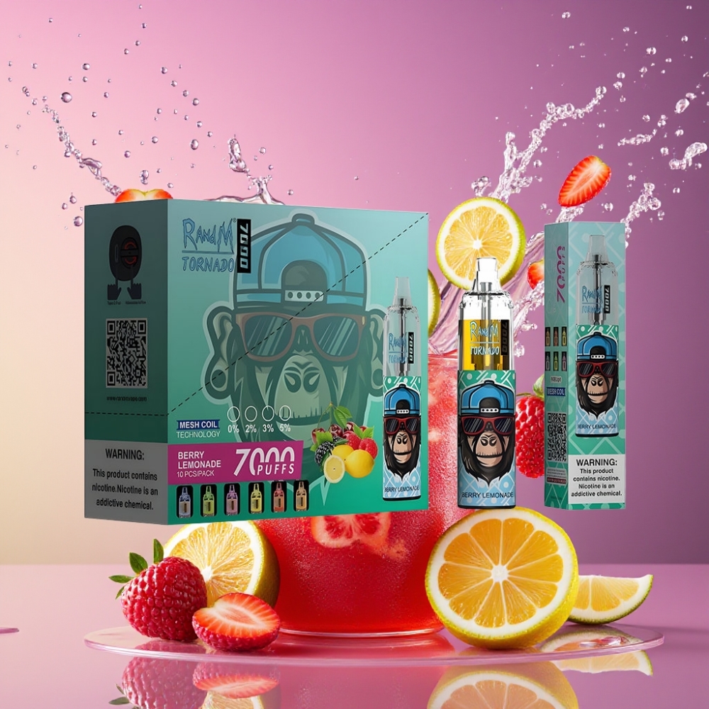 RandM Fumot Tornado 7000 Pust Bær Lemonade 14 ML 850 MAH Mesh Coil Type-C RGB Air-Adjustable Engros Danmark