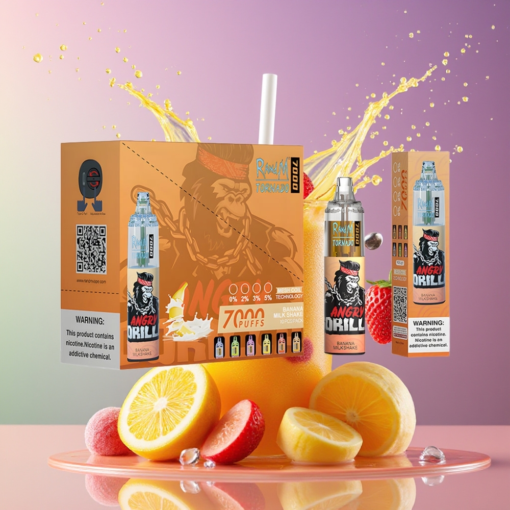 RandM Fumot Tornado 7000 Pust Banan Milkshake 14 ML E-væske 850 MAH Batteri Mesh Coil Type-C Port RGB Lys 0%,2%,3%,5% Nikotin Luftjusterbar Engros Danmark