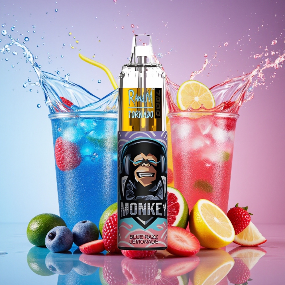 RandM Fumot Tornado 7000 Pust Blå Hindbær Lemonade 14ML 850MAH Mesh Type-C RGB Luftjusterbar 0-5% Engros Danmark