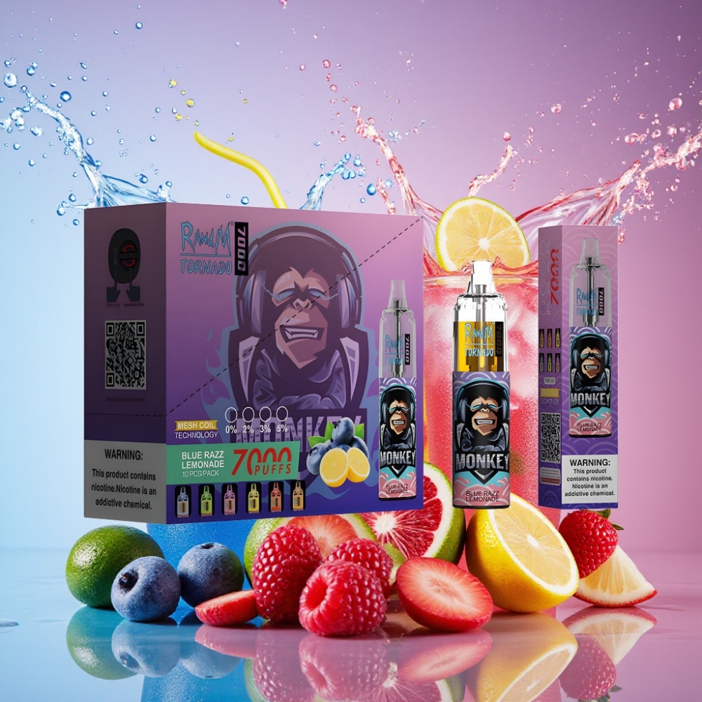 RandM Fumot Tornado 7000 Pust Blå Hindbær Lemonade 14ML 850MAH Mesh Type-C RGB Luftjusterbar 0-5% Engros Danmark