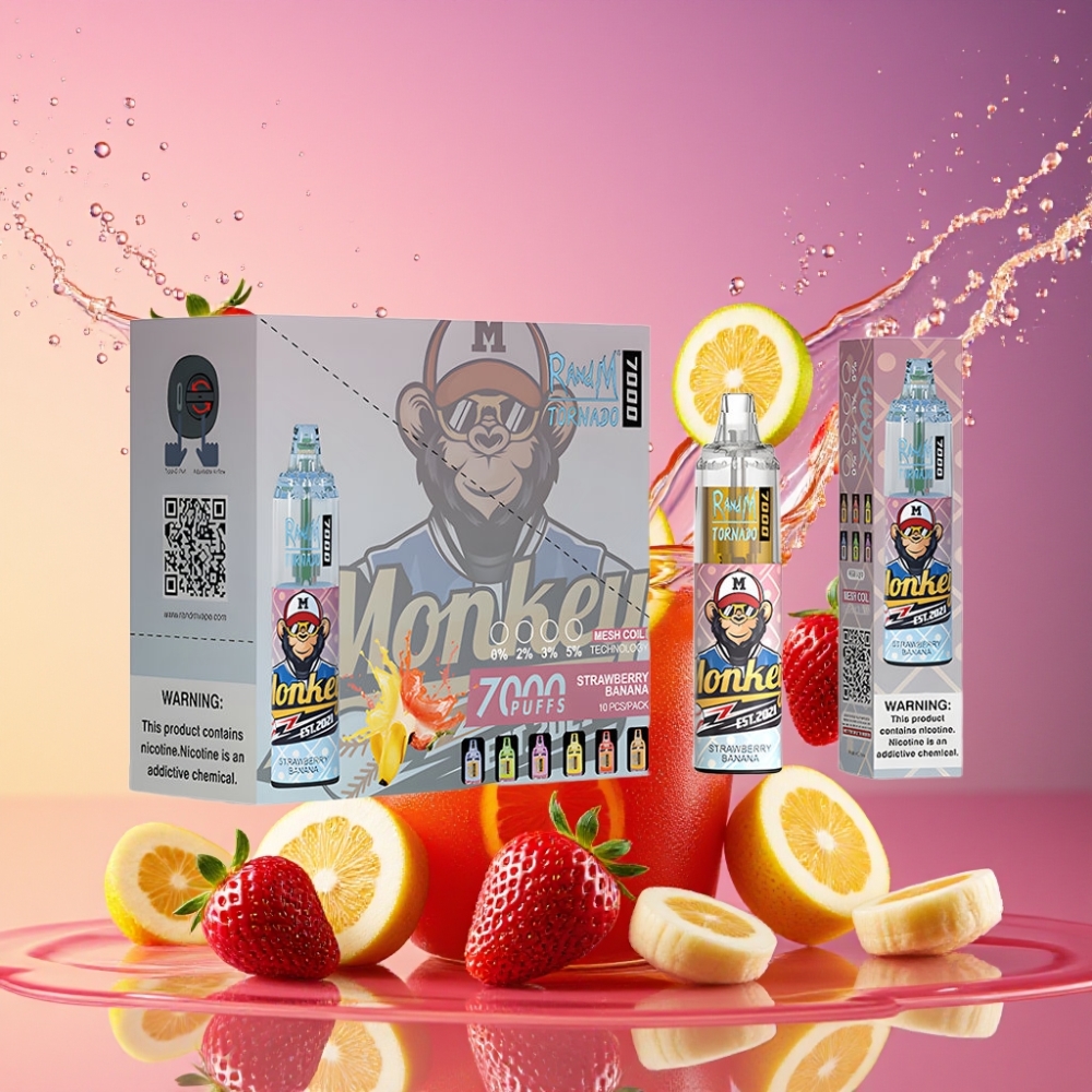 RandM Fumot Tornado 7000 Pust Jordbær Banan 14 ML 850 MAH Mesh Coil Type-C RGB Luftjusterbar 0%,2%,3%,5% Engros Danmark