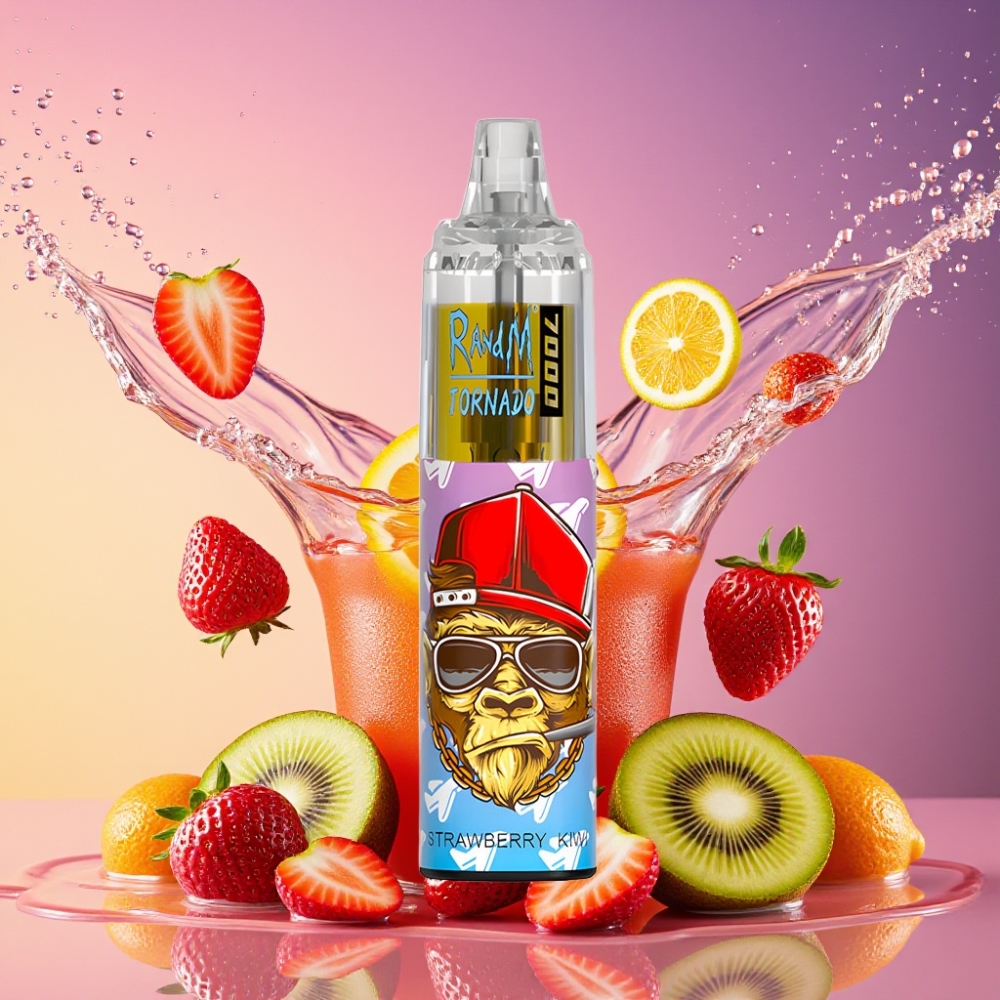 RandM Fumot Tornado 7000 Pust Jordbær Kiwi 14 ML 850 MAH Mesh Coil Type-C RGB Luftjusterbar 0%,2%,3%,5% Nicotine Engros Danmark