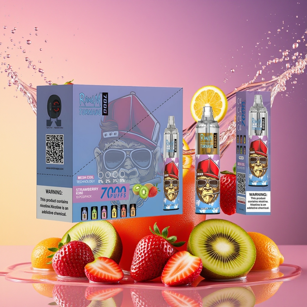 RandM Fumot Tornado 7000 Pust Jordbær Kiwi 14 ML 850 MAH Mesh Coil Type-C RGB Luftjusterbar 0%,2%,3%,5% Nicotine Engros Danmark