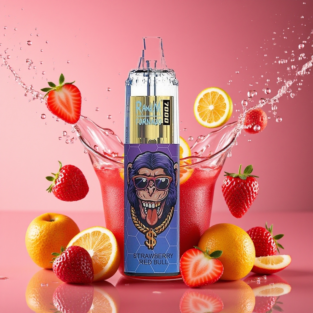 RandM Fumot Tornado 7000 Pust Jordbær Red Bull 14 ML 850 MAH Mesh Type-C RGB Luftjusterbar Engros Danmark