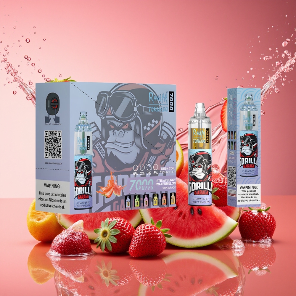 RandM Fumot Tornado 7000 Pust Jordbær Vandmelon 14 ML 850 MAH Mesh Coil Type-C RGB 0-5% Nicotine Air-Adjustable Engros Danmark