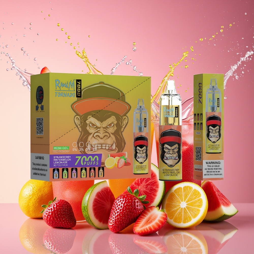 RandM Fumot Tornado 7000 Pust Jordbær Vandmelon Lemonade 14 ML 850 MAH Mesh Coil Type-C RGB Lys 0% 2% 3% 5% Nicotine Luft-justerbar Engros Danmark