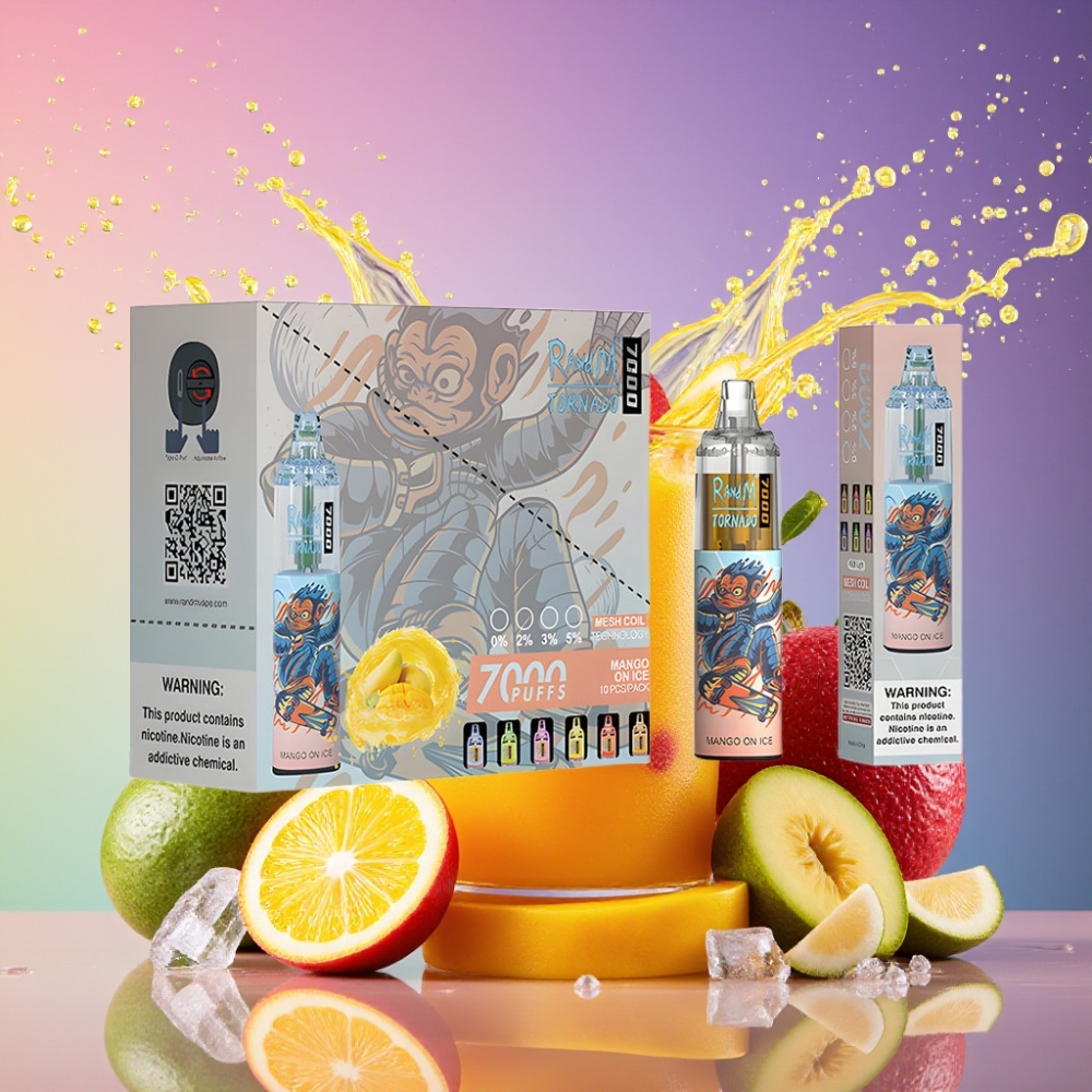 RandM Fumot Tornado 7000 Pust Mango På Is 14 ML 850 MAH Mesh Coil Type-C RGB Air-Adjustable Engros Danmark