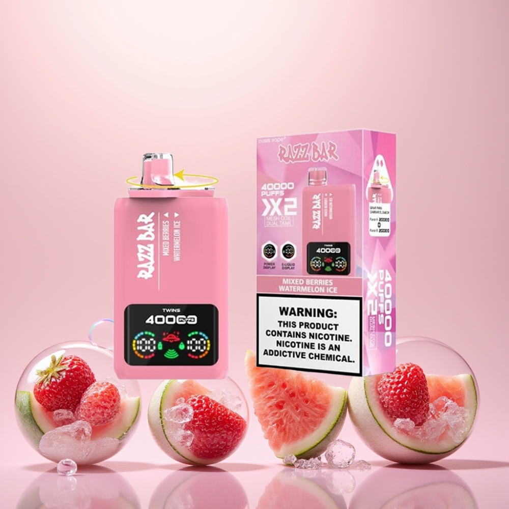 Razz Bar 40000 Puffs Bær & Vandmelon Is Power Skærm Display 1.0Ω 2 Mesh Coil 650 Mah Type-C 2%/5% Nicotin Engros Danmark