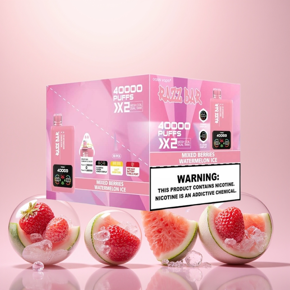 Razz Bar 40000 Puffs Bær & Vandmelon Is Power Skærm Display 1.0Ω 2 Mesh Coil 650 Mah Type-C 2%/5% Nicotin Engros Danmark
