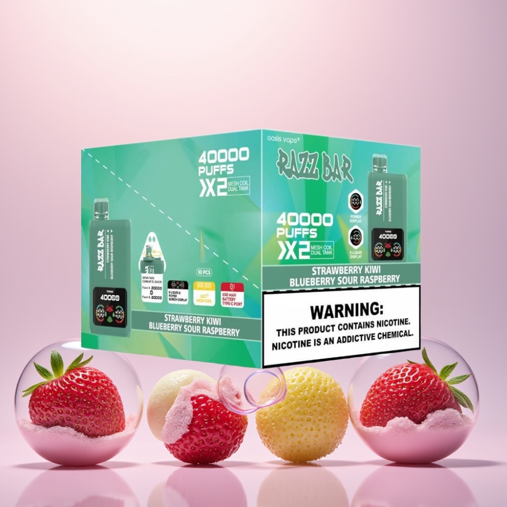 Razz Bar 40000 Puffs Bærbar Engangs Vape Jordbær Kiwi & Blåbær Sur Hindbær 1.0Ω 2 Mesh Coil 650 Mah Type-C Port 2%,5% Nikotin Engros Danmark