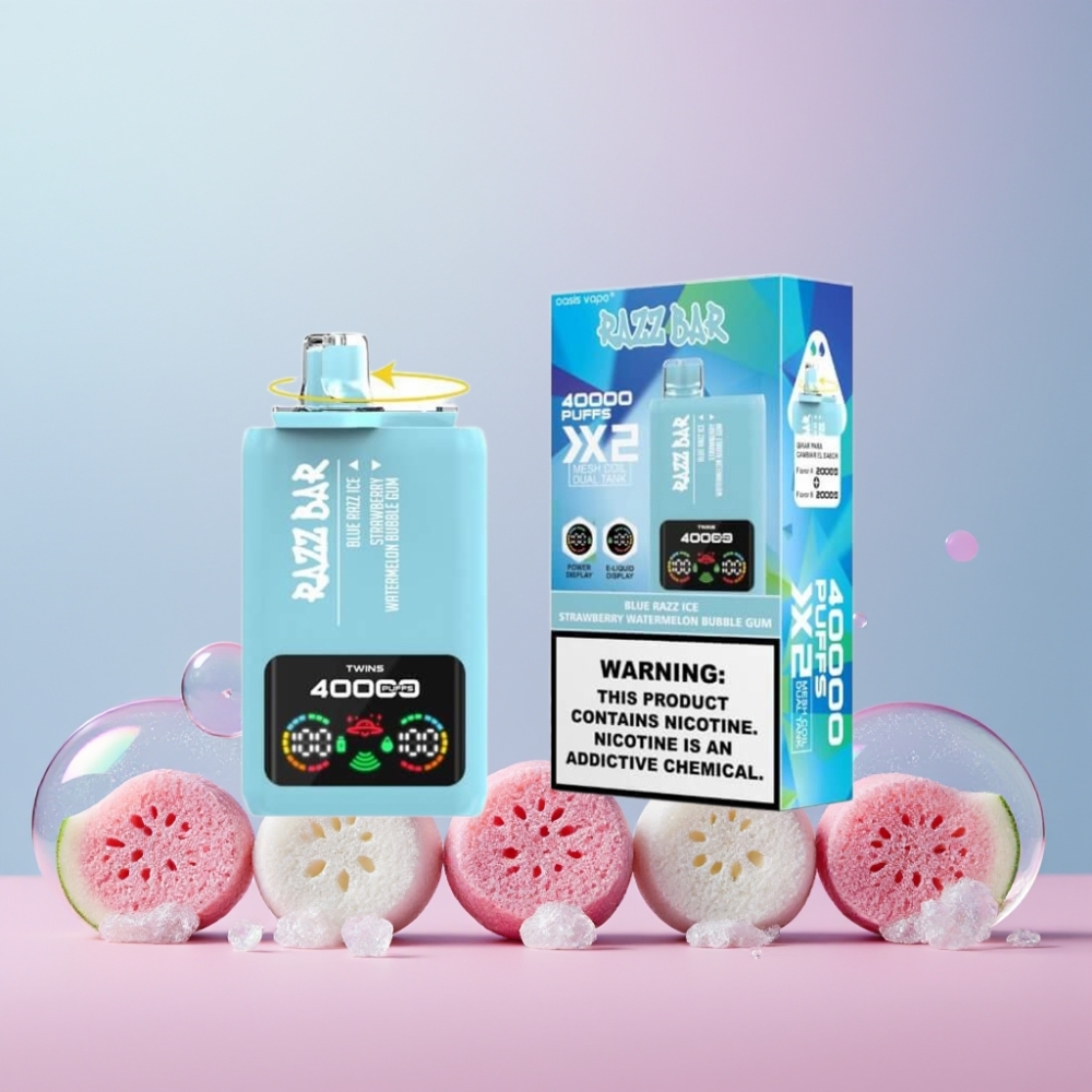 Razz Bar 40000 Puffs Engangs Vape Blå Razz Is & Jordbær Vandmelon Bubble Gum Skærmdisplay 1.0Ω 2 Mesh Coil 650 Mah Type-C Port 2%/5% Nikotin Engros Danmark