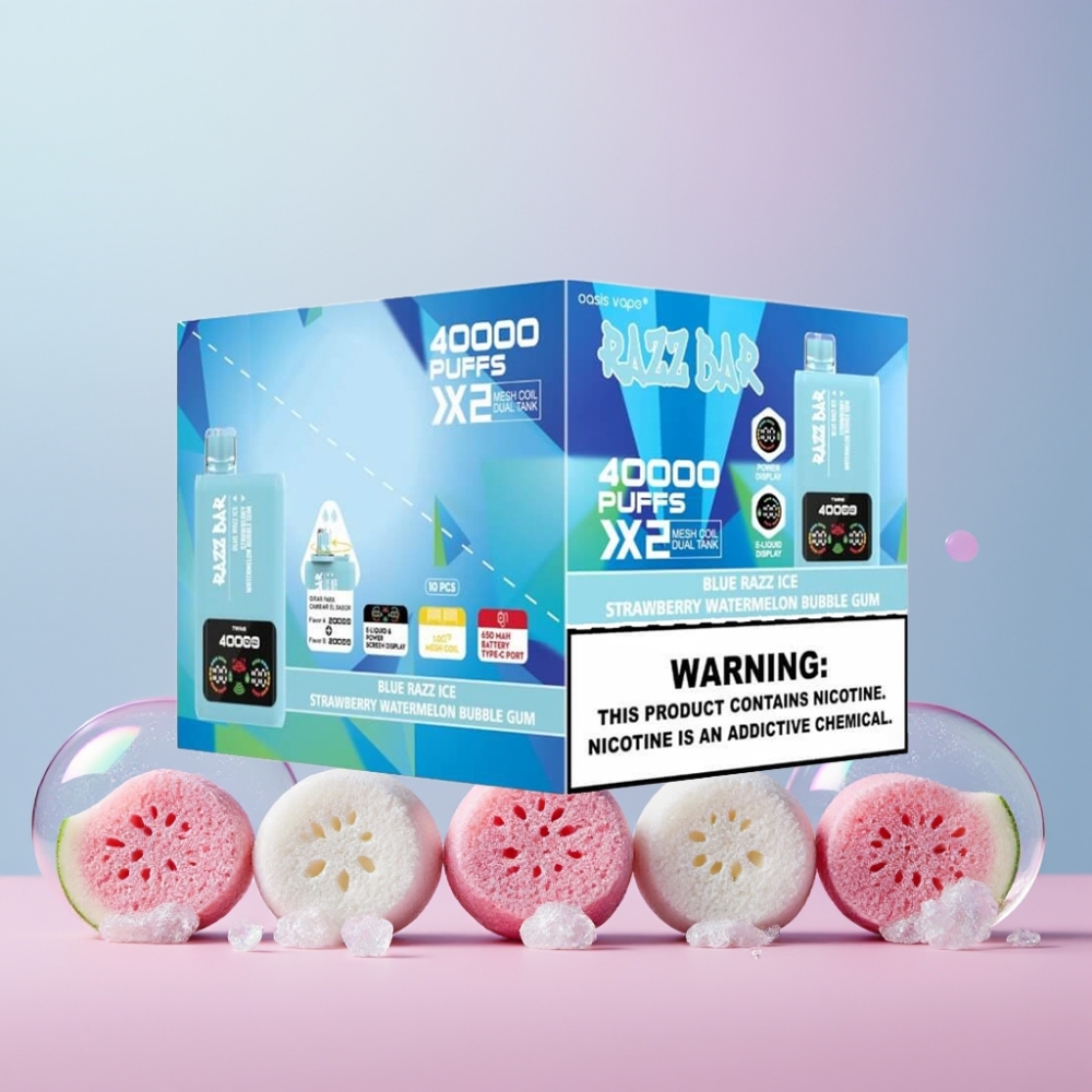 Razz Bar 40000 Puffs Engangs Vape Blå Razz Is & Jordbær Vandmelon Bubble Gum Skærmdisplay 1.0Ω 2 Mesh Coil 650 Mah Type-C Port 2%/5% Nikotin Engros Danmark