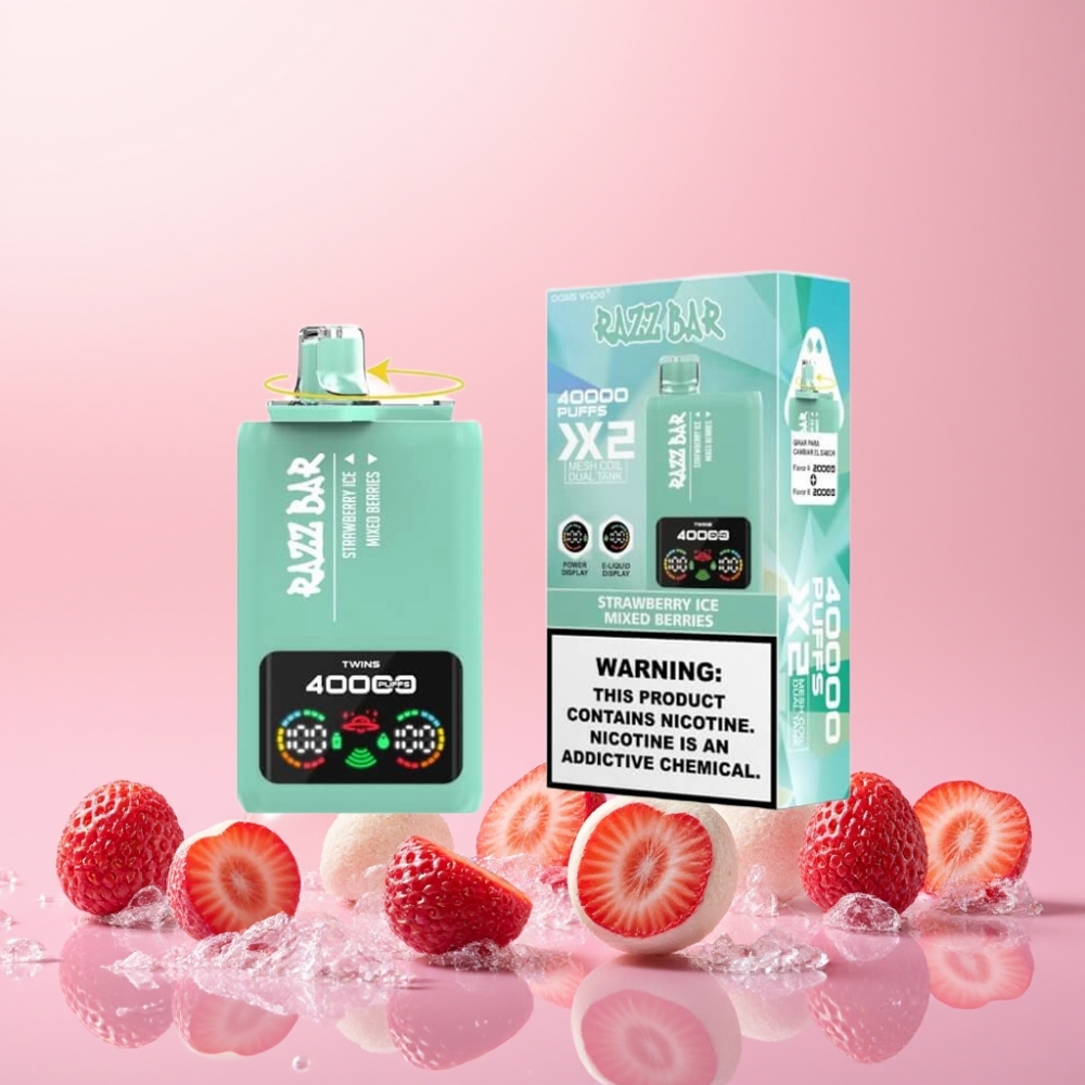 Razz Bar 40000 Puffs Engangs Vape Jordbær Is & Blandede Bær Power Skærm Display 1.0Ω 2 Mesh Coil 650 Mah Type-C Port 2%,5% Nikotin Indhold Engros Danmark