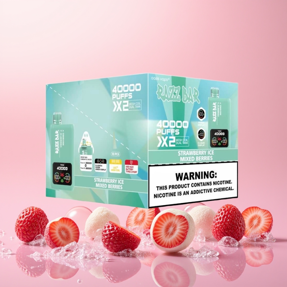 Razz Bar 40000 Puffs Engangs Vape Jordbær Is & Blandede Bær Power Skærm Display 1.0Ω 2 Mesh Coil 650 Mah Type-C Port 2%,5% Nikotin Indhold Engros Danmark