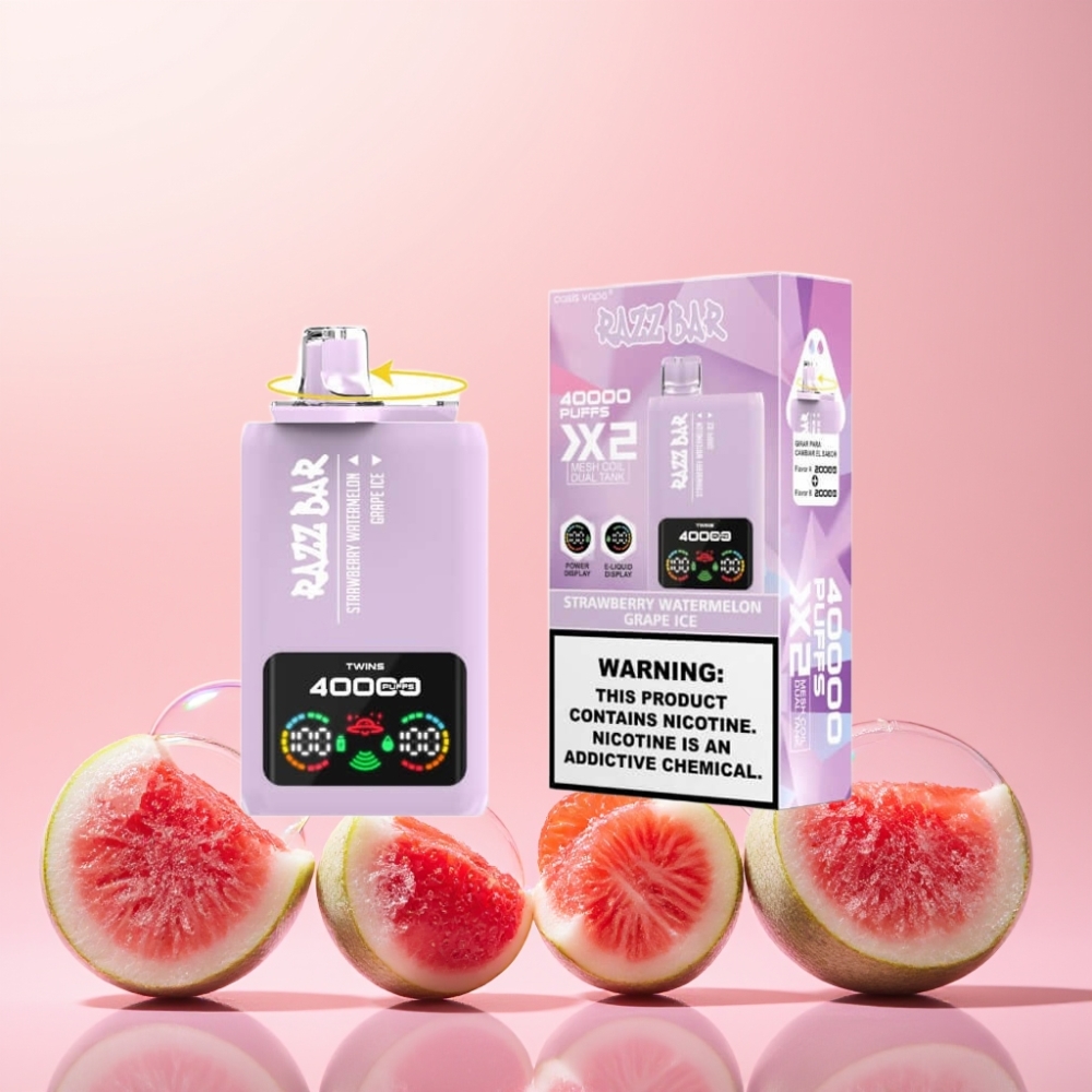 Razz Bar 40000 Puffs Engangs Vape Jordbær Vandmelon & Vindrue Is Skærmdisplay 1.0Ω 2 Mesh Coil 650 Mah Type-C Port 2%,5% Nikotinindhold Engros Danmark