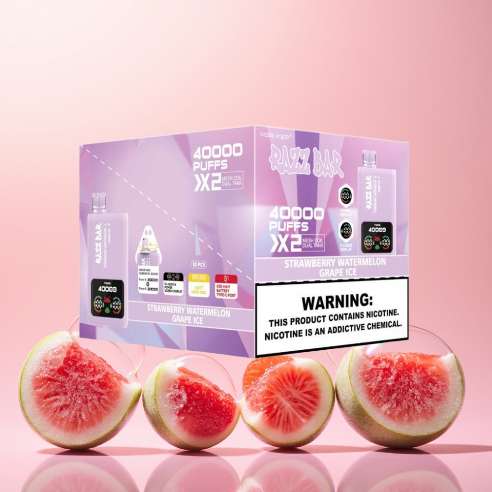 Razz Bar 40000 Puffs Engangs Vape Jordbær Vandmelon & Vindrue Is Skærmdisplay 1.0Ω 2 Mesh Coil 650 Mah Type-C Port 2%,5% Nikotinindhold Engros Danmark