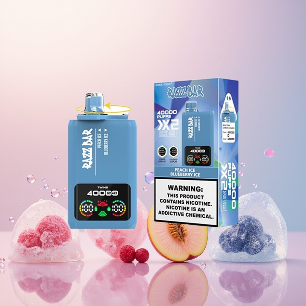 Razz Bar 40000 Puffs Fersken Is & Blåbær Is Skærmdisplay 1.0Ω 2 Mesh Coil 650 Mah Type-C 2%/5% Nicotin Engros Danmark